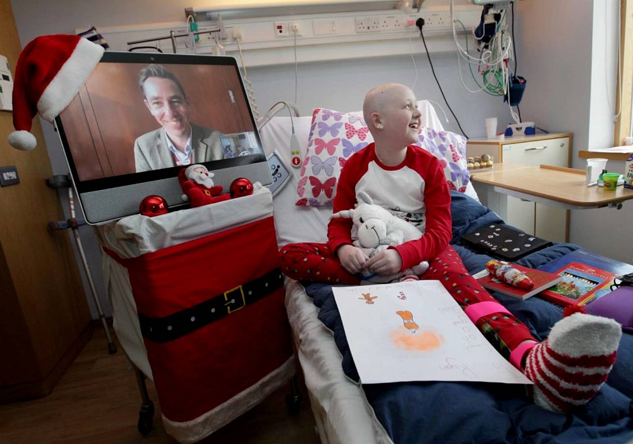 16/12/2020 11-Year-Old Anna Mae Doyle From Rathdrum, County Wicklow Enjoys A Virtual Visit With Children’s Health Foundation Crumlin Ambassador Ryan Tubridy At Her Bedside In Chi At Crumlin. Photo: Mark Stedman