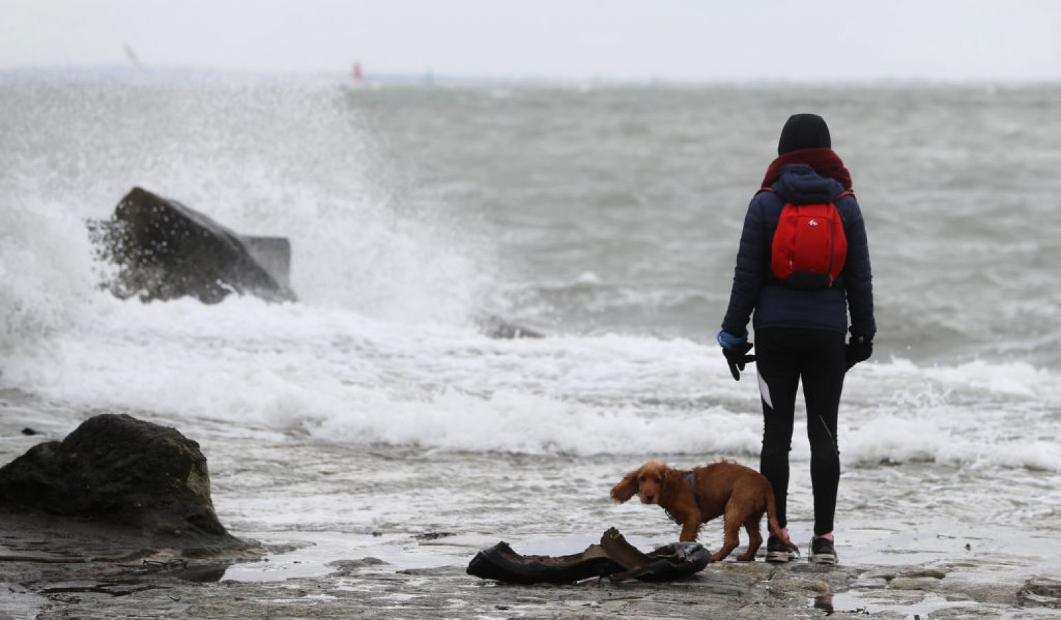 A Woman And A Dog Watch Waves Break At Seapoint In Dublin. Photo: Pa Images.