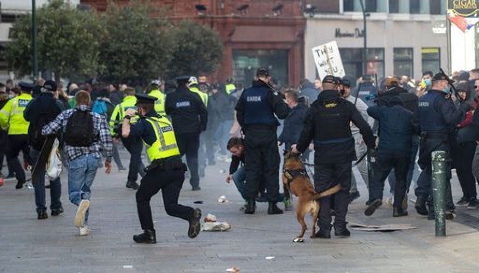 Protesters And Gardai Clashing During An Anti-Lockdown Protest In Dublin City Centre.