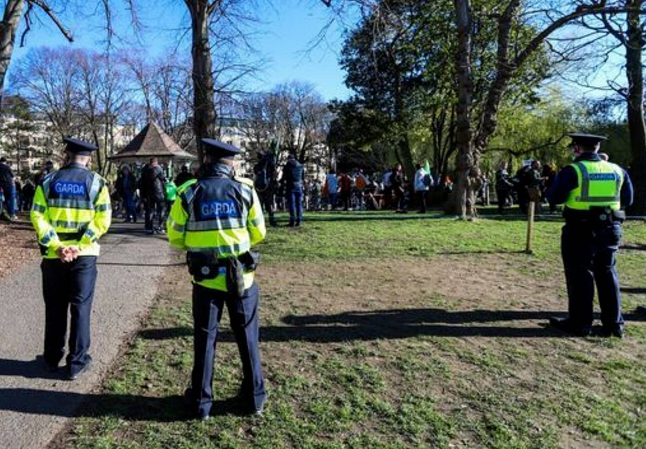 Gardai Watch On As Anti-Lockdown Protesters Gather At Herbert Park In Dublin. Picture Date: Wednesday March 17, 2021.