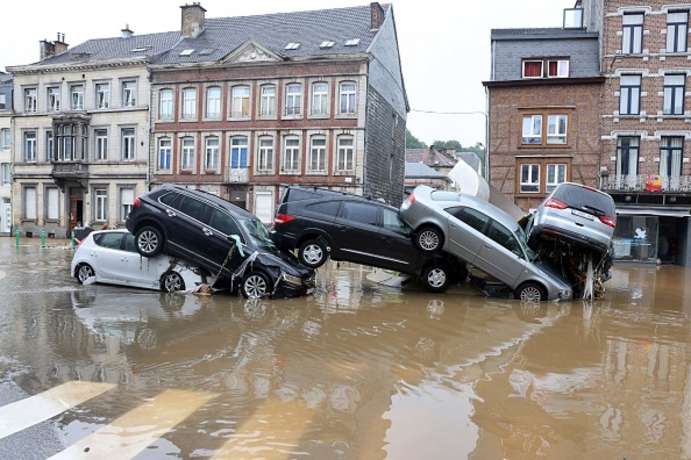 Cars Piled Up In The Belgian City Of Verviers, After Heavy Rains And Floods Lashed Western Europe. Photo: François Walschaerts/Afp Via Getty Images