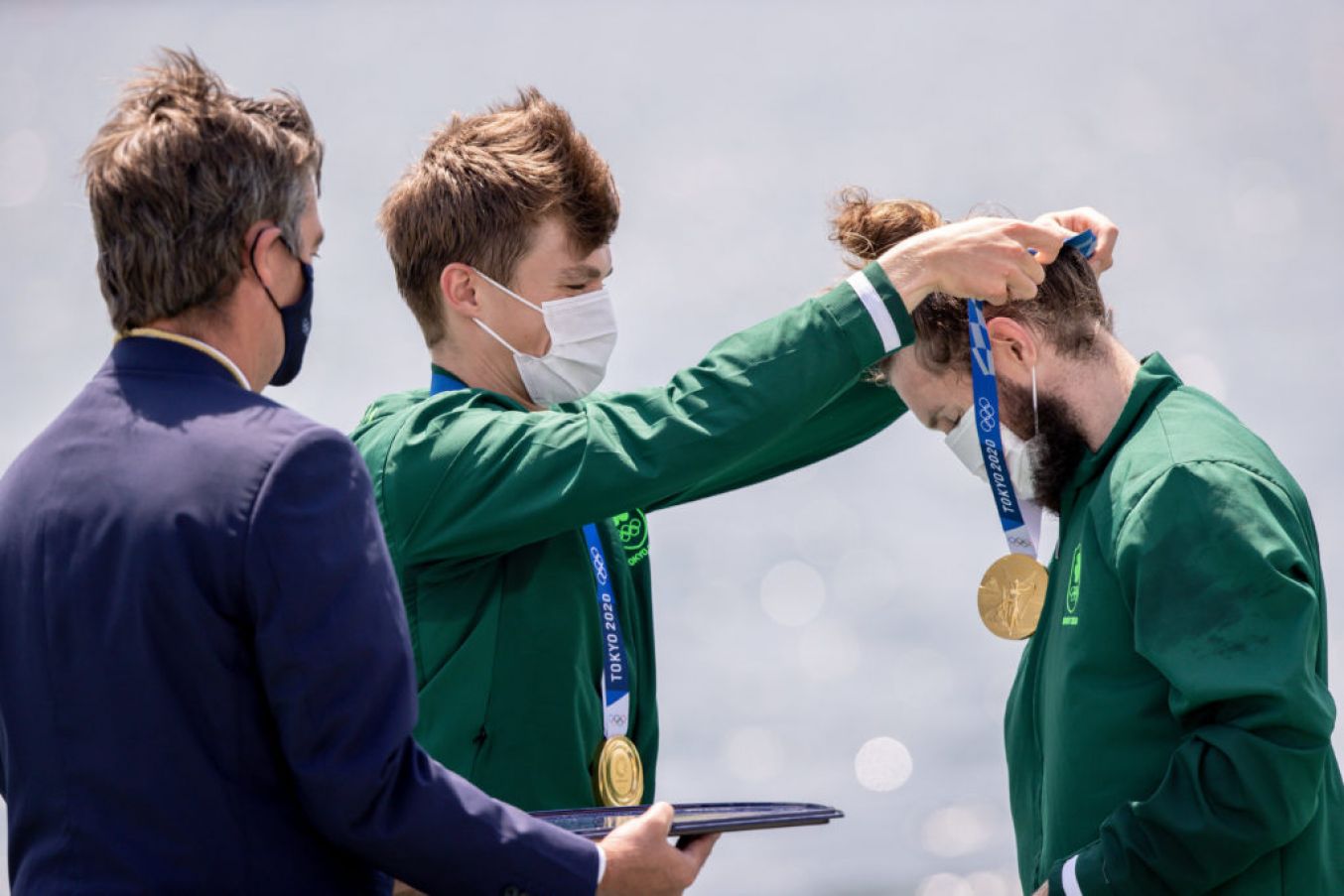 Ireland’s Fintan Mccarthy Presents Paul O’donovan With His Gold Medal After Winning The Lightweight Men’s Double Sculls Final At The 2020 Olympic Games.
©Inpho/Morgan Treacy