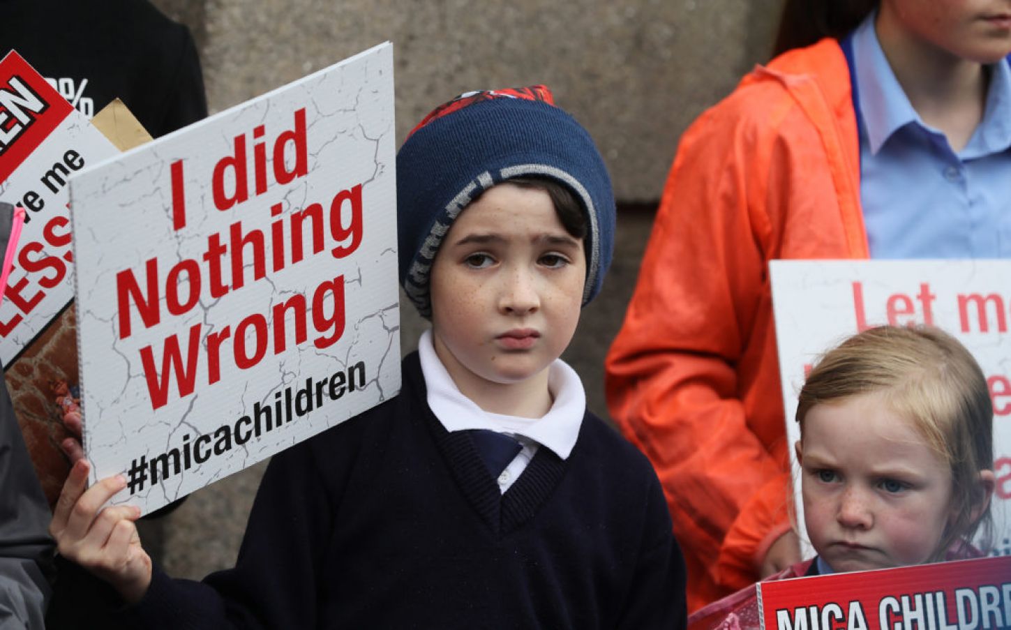 Oliver Kearns (9), From Burnfoot, And Mary-Kate Gill (5), From Moville, At The Gates Of The Dáil In Dublin, As Children From Across Co Donegal Protested To Highlight The Ongoing Mica Crisis. Photo: Pa