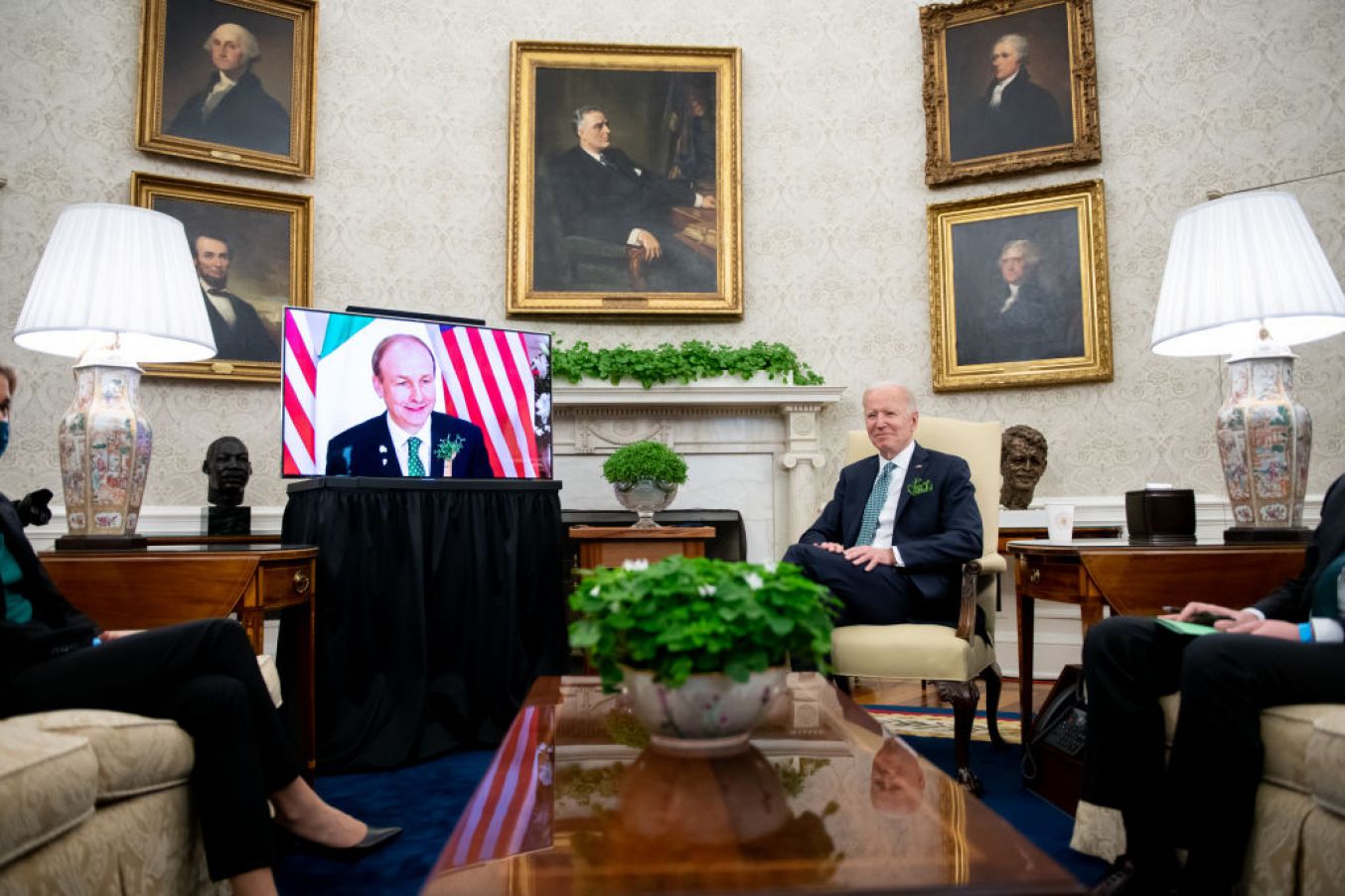 Us President Joe Biden During A Virtual Meeting With Taoiseach Micheál Martin In The Oval Office Of The White House On St Patrick's Day. Two Of Biden's Great-Great-Grandparents Emigrated From Ireland. Photo: Erin Scott-Pool/Getty