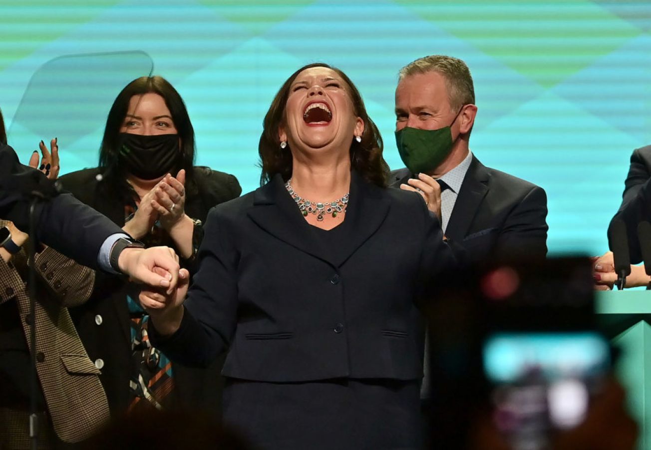 Sinn Féin Leader Mary Lou Mcdonald Holds Hands With Pearse Doherty And Michelle Oneill After Delivering Her Speech At The Party's Ard Fheis On October 30Th. Photo: Charles Mcquillan/Getty