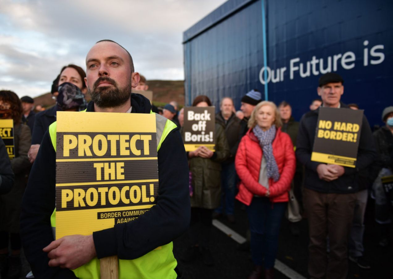 Border Communities Against Brexit Protesters Take Part In A Demonstration In Newry, Co Down, Amid Growing Fears That The British Government Would Seek To End The Northern Ireland Protocol. Photo: Charles Mcquillan/Getty