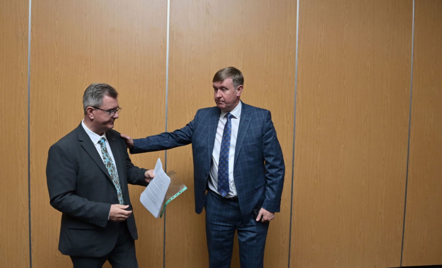 Dup Leader Jeffrey Donaldson (Left) Interacts With Party Member Mervyn Storey In Belfast After Announcing His Party Could Collapse The Stormont Executive If Demands Over The Northern Ireland Protocol Are Not Met. Photo: Charles Mcquillan/Getty