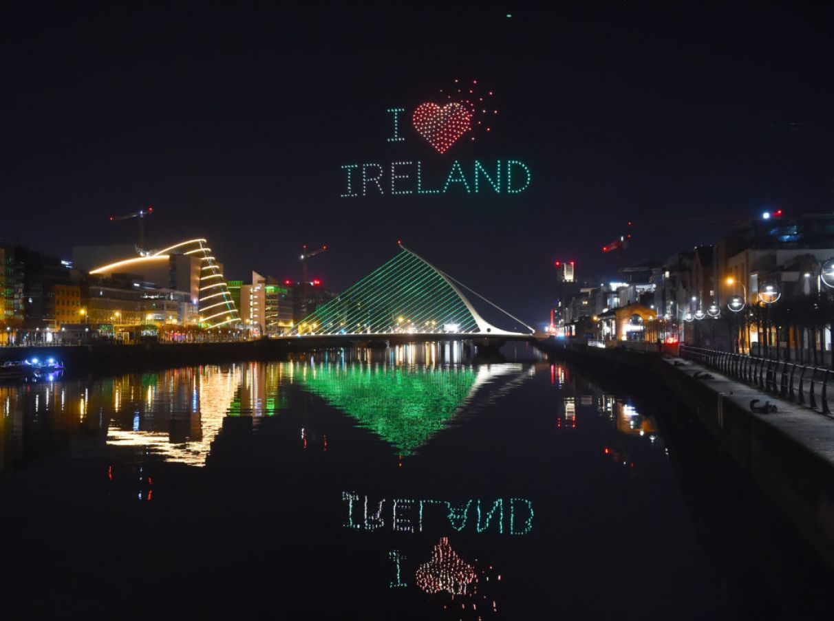 A Drone Light Show For St Patrick's Day Taking Place Over The Samuel Beckett Bridge And River Liffey In Dublin. The Show Featured 500 Intel Drones To Celebrate St Patrick's Day In Lieu Of The Annual Festival Which Was Been Cancelled Due To The Pandemic. Photo: Charles Mcquillan/Getty