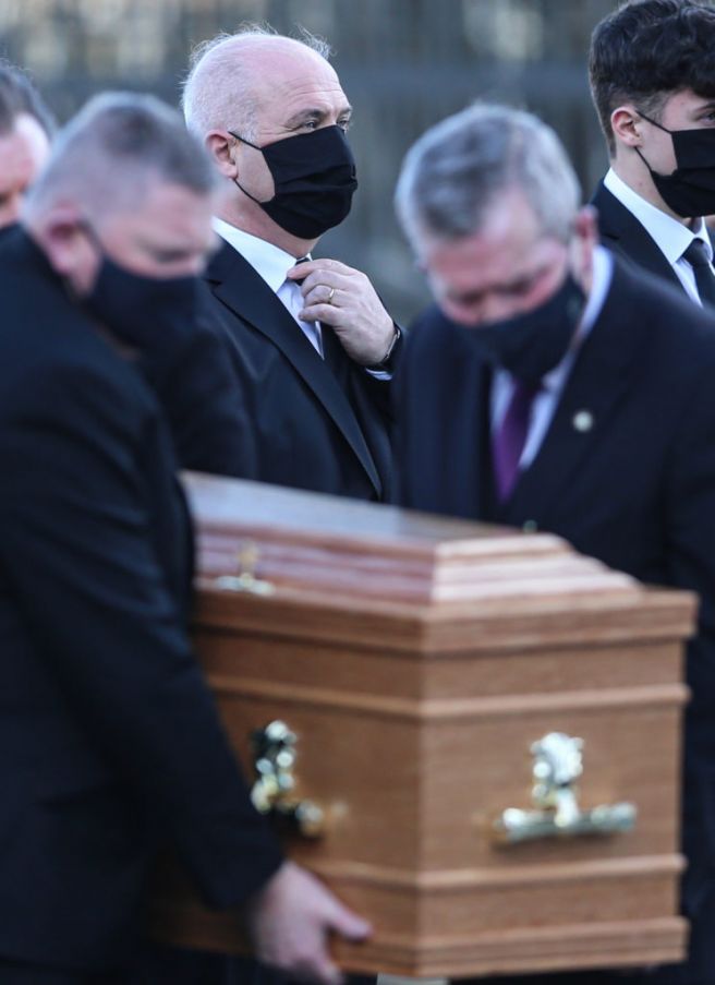The Chief Medical Officer, Dr Tony Holohan (Centre), Stands By The Casket Of His Wife, Dr Emer Feely, As It Arrives For Her Funeral Mass At St Pius X Church, Terenure, Dublin. Photo: Pa