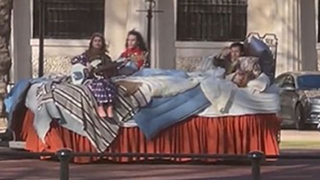 Harry Styles Spotted Filming In Large Bed In Front Of Buckingham Palace