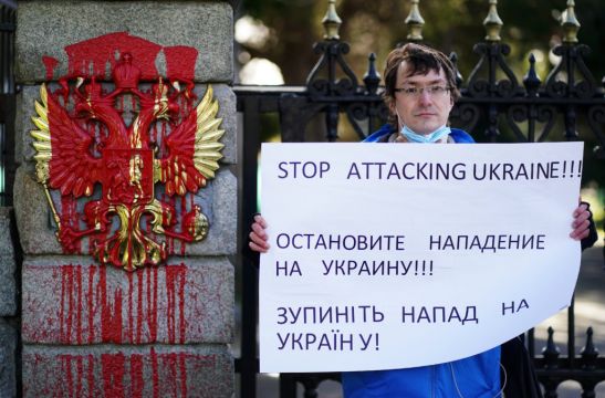 Ukrainians Gather Outside Leinster House In Anger At Russian Invasion