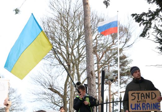 Crowds Protest Outside Russian Embassy To Mark One Month Since Ukraine Invasion