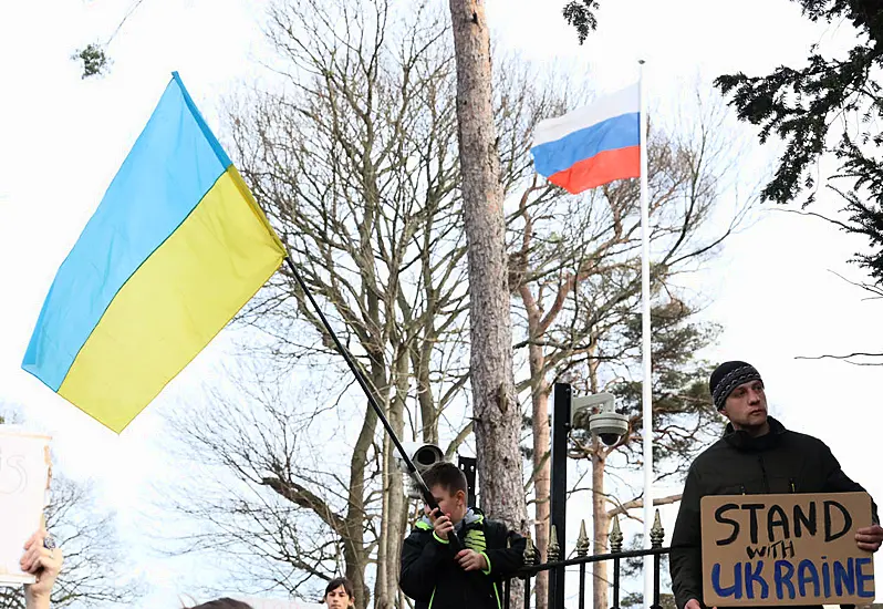 Crowds Protest Outside Russian Embassy To Mark One Month Since Ukraine Invasion