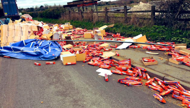 Lorryload Of Mcvitie’s Ginger Nuts And Bourbon Biscuits Spills Across Road