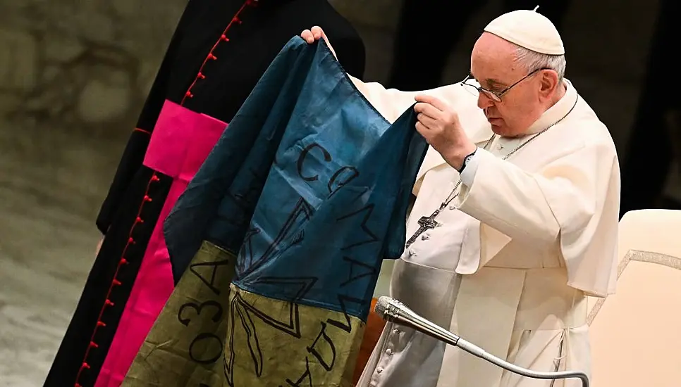 Pope Kisses Ukrainian Flag And Condemns ‘The Massacre Of Bucha’