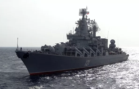 The Moskva warship travelling through the Mediterranean sea