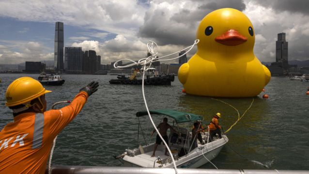 One Of Two Giant Ducks In Hong Kong’s Victoria Harbour Deflates