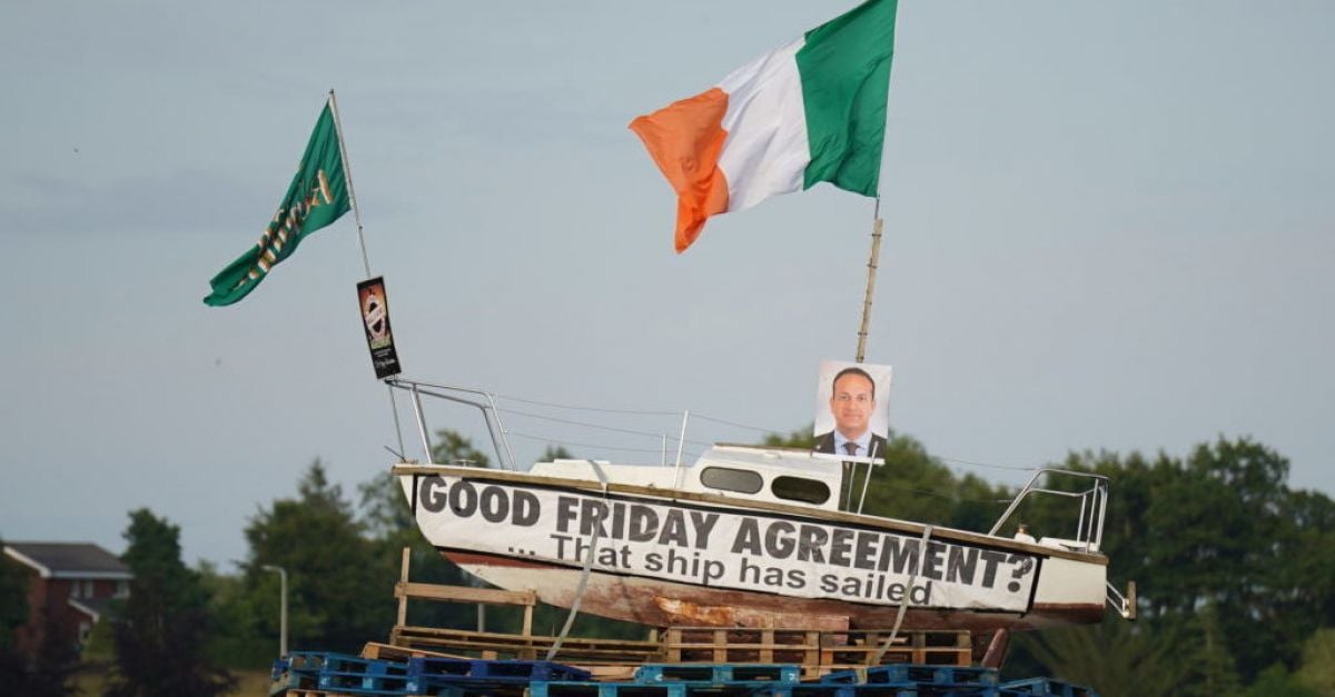 Irish flag and poster of Taoiseach Leo Varadkar placed on loyalist bonfire