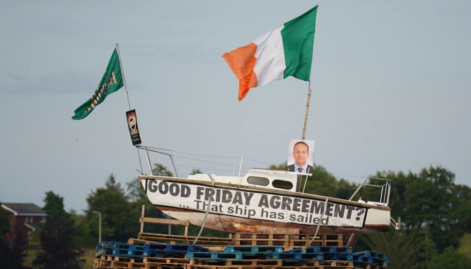 Irish Flag And Poster Of Taoiseach Leo Varadkar Placed On Loyalist Bonfire