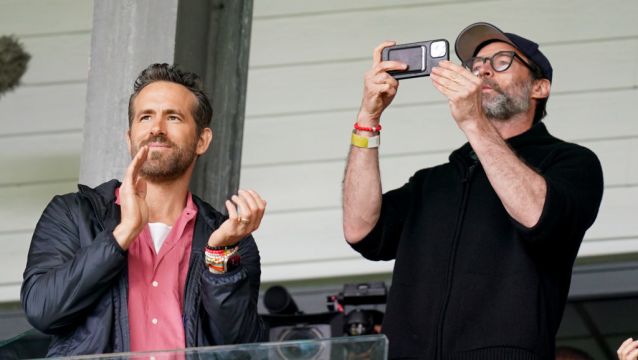 Hugh Jackman Watches Wrexham Game With Ryan Reynolds And Rob Mcelhenney