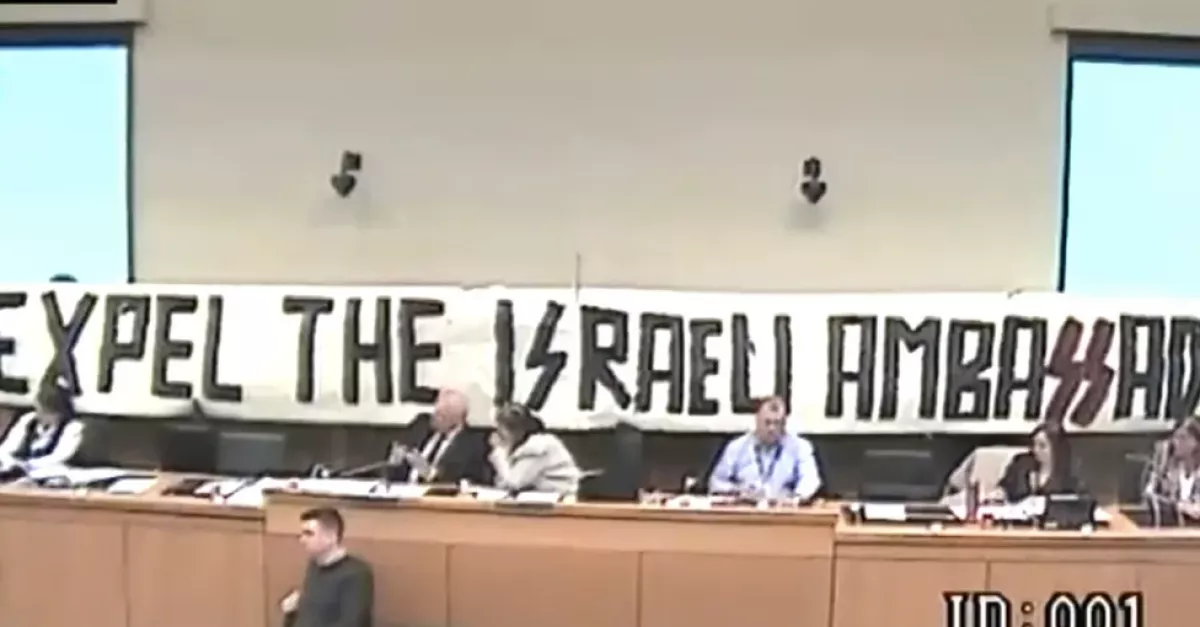 DUP раскритиковала «антисемитский» пропалестинский баннер, использованный на протесте на заседании совета