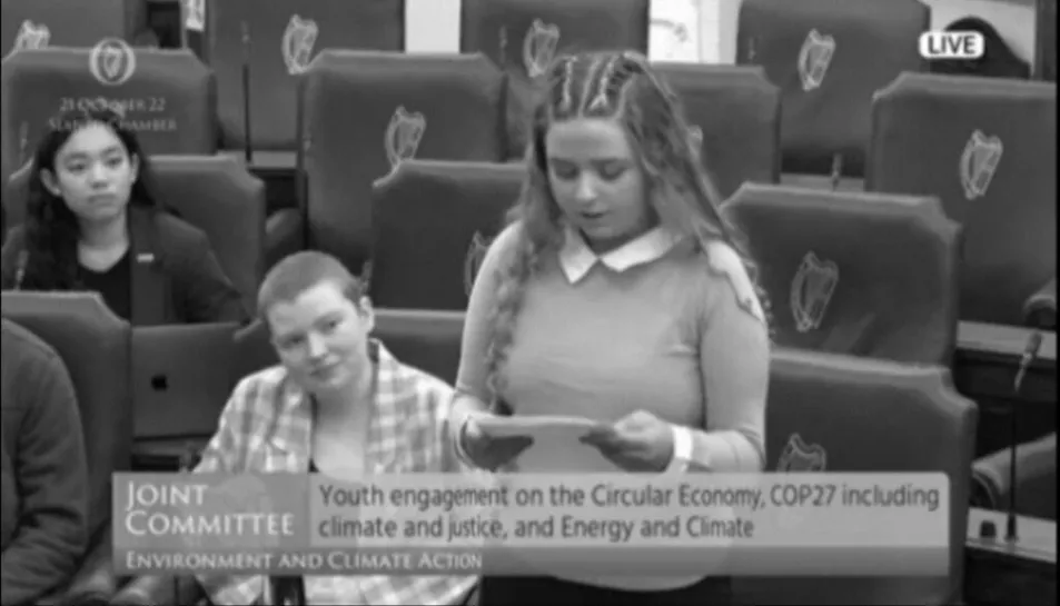 Latisha speaking in the Oireachtas as a climate youth ambassador.