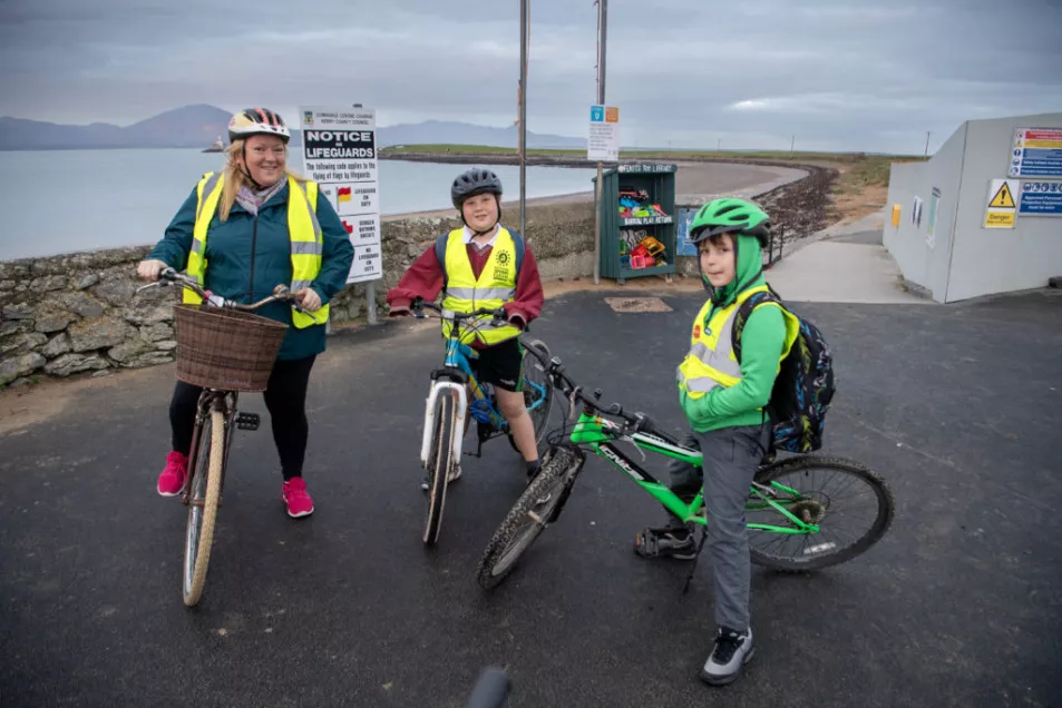 Mary Browne from Fenit Co Kerry and her boys Thomas and Diarmuid cycle to St. Brendan's National School