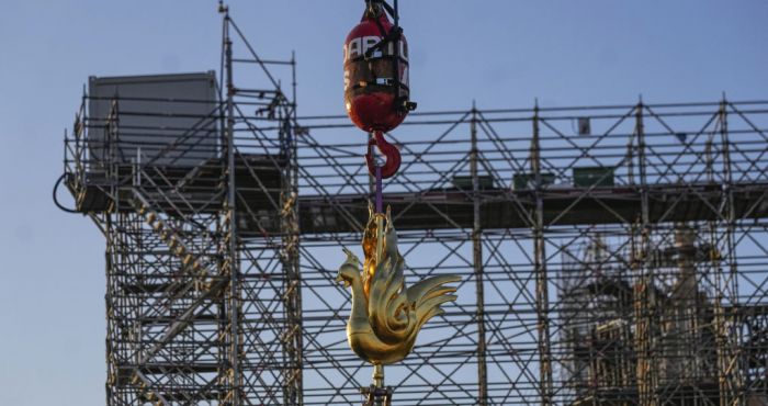 New Golden Rooster Fitted To Spire Of Paris' Notre Dame Cathedral