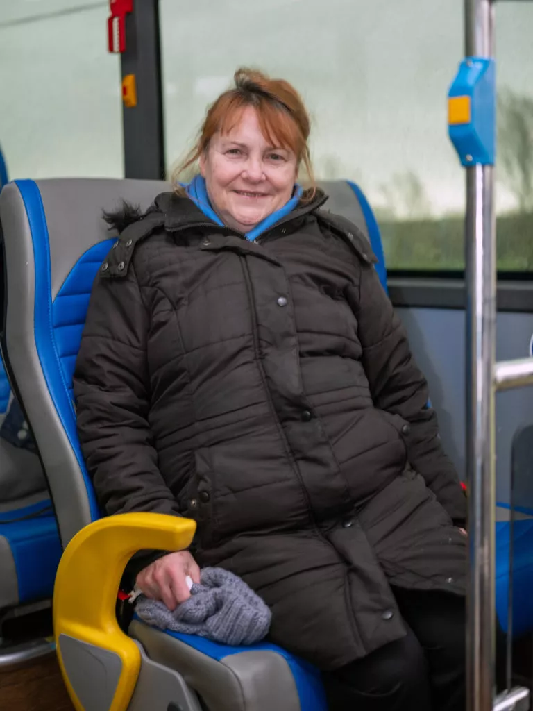 Teresa Duffy, a passenger on the TFI Local Link Cavan Monaghan, a new bus service, which will improve connectivity, between Shercock and Dundalk.