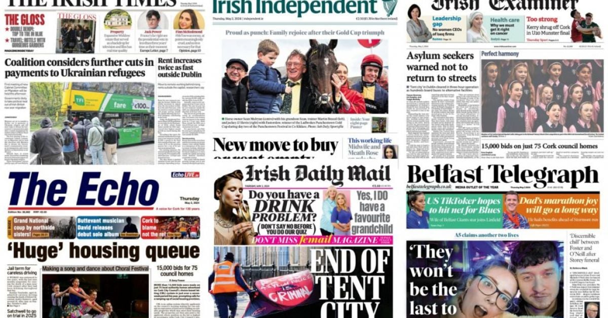 Редица истории водят първите страници на ирландските вестници в четвъртък.Айриш