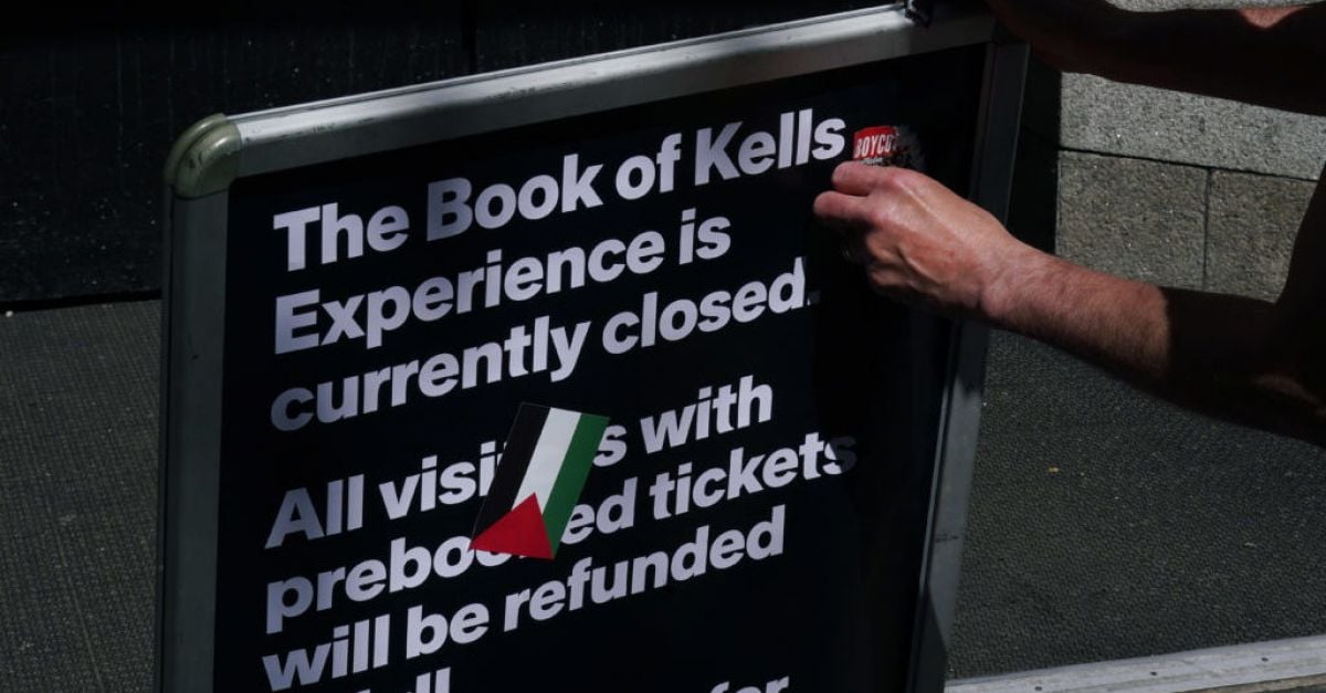 Pro-Palestinian activists have blocked off access to the historic Book of Kells at the Dublin university site.