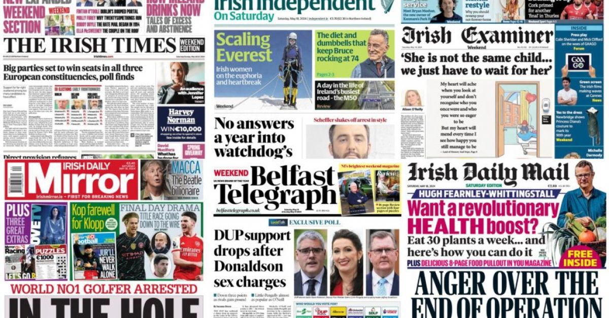 Ето най-големите истории, които правят заглавия в Ирландия тази събота.Irish