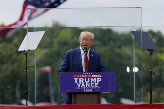 Trump Appears Behind Bulletproof Glass At First Outdoor Rally Since Shooting