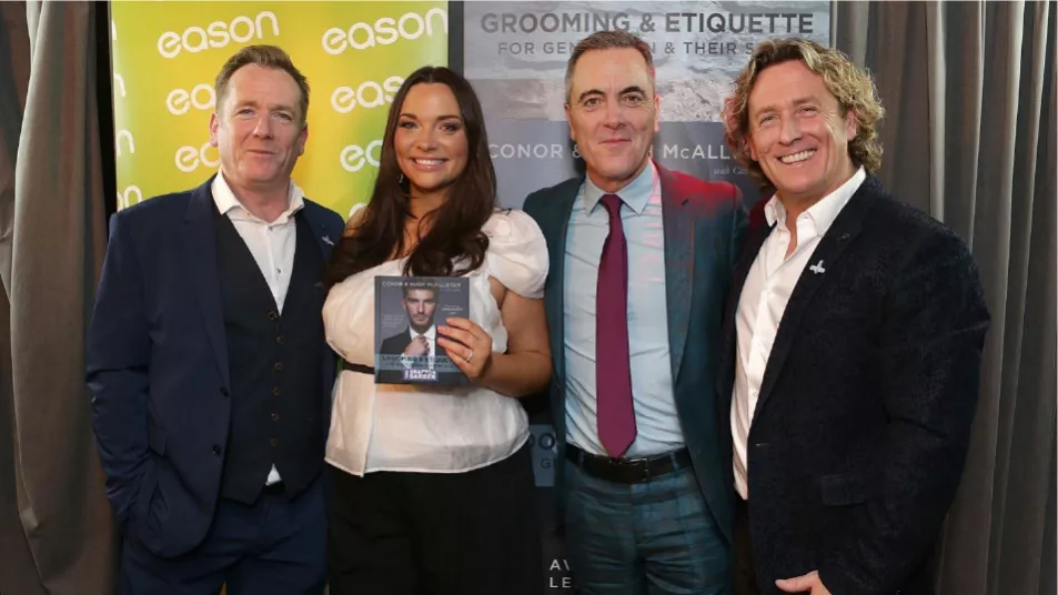 (L-R) Conor Mc Allister, Caitlin Mc Bride, James Nesbitt, Hugh Mc Allister at the launch of Grooming & Etiquette