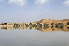 Water Gushes Through Palm Trees And Sand Dunes After Rare Rain In Sahara Desert