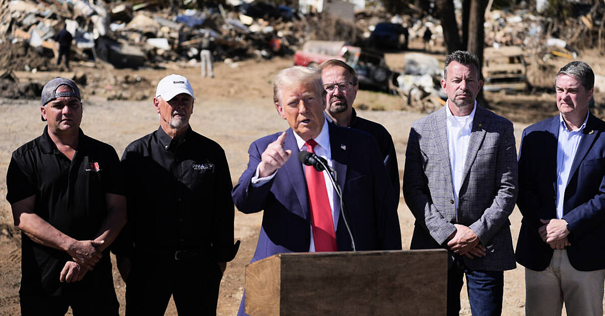 Trump makes more claims about Fema as he surveys storm damage in North Carolina