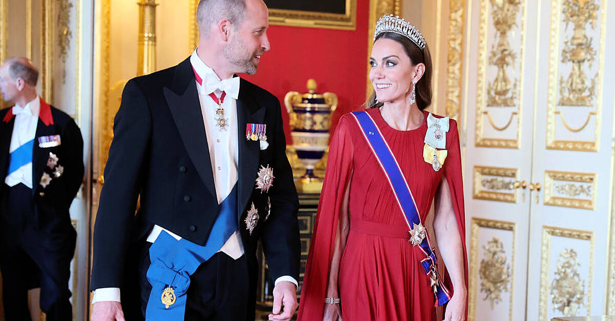 Kate dazzles in dark red silk at British state banquet return