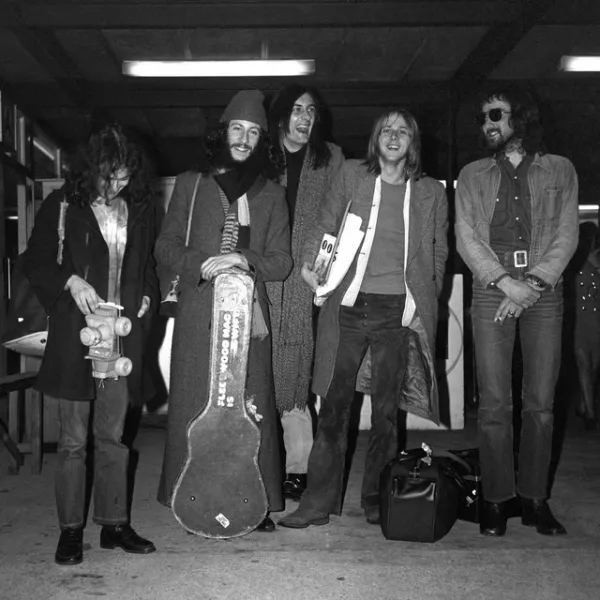 Fleetwood Mac at London Airport in 1970, with Peter Green second left (PA)