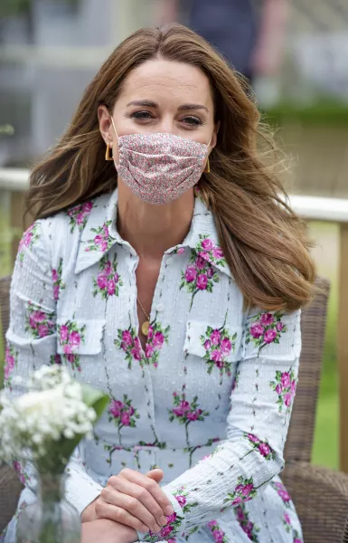 The Duchess of Cambridge wearing a face mask from children’s brand Amaia (Jonathan Buckmaster/PA)