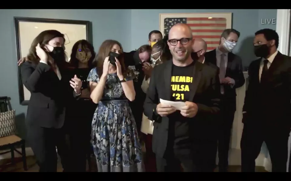 Damon Lindelof is the creator of Watchmen, another big winner on the night, and wore a T-shirt commemorating the 1921 Tulsa race massacre (ABC/PA)