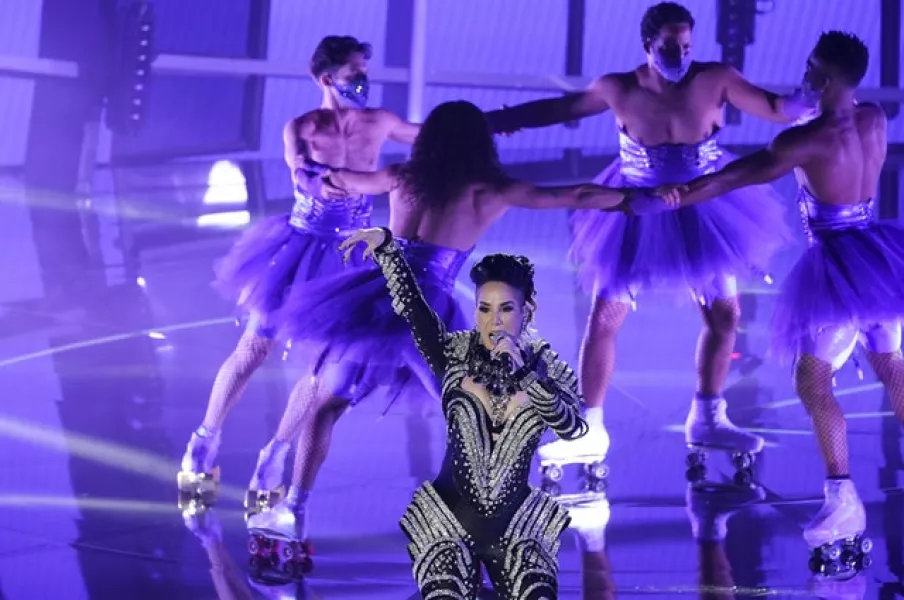 Puerto Rican singer Ivy Queen brought some vibrancy to the Dolby Theatre stage with a performance of Yo Perreo Sola (AP Photo/Chris Pizzello)