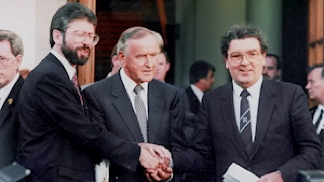 In 1994 John Hume (right) drew up proposals with Sinn Féin leader Gerry Adams and presented them to then Taoiseach Albert Reynolds, aimed at instigating the peace process. Photo: PA Images
