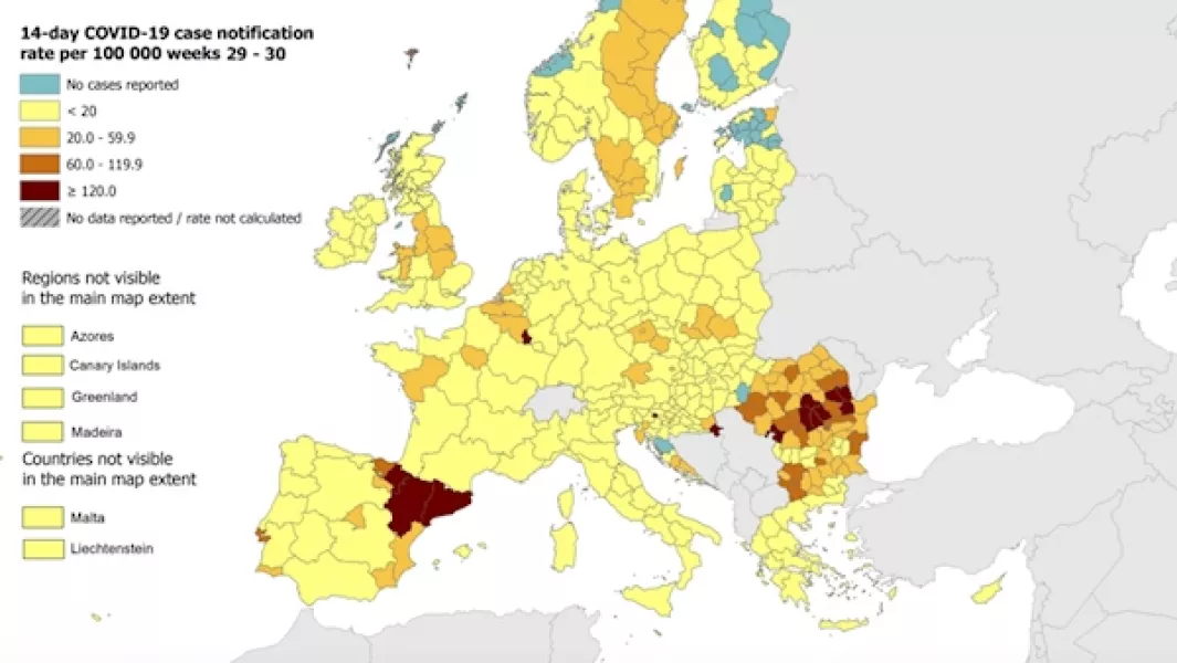 Catalonia in Spain has the highest regional rate of cases per 100,000 people. Image: ECDC