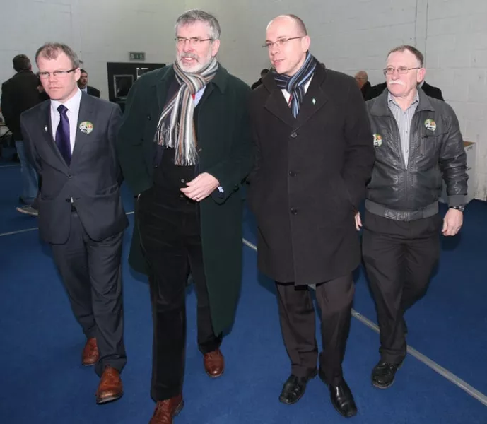 Darren O’Rourke, second right, with Gerry Adams (Niall Carson/PA)
