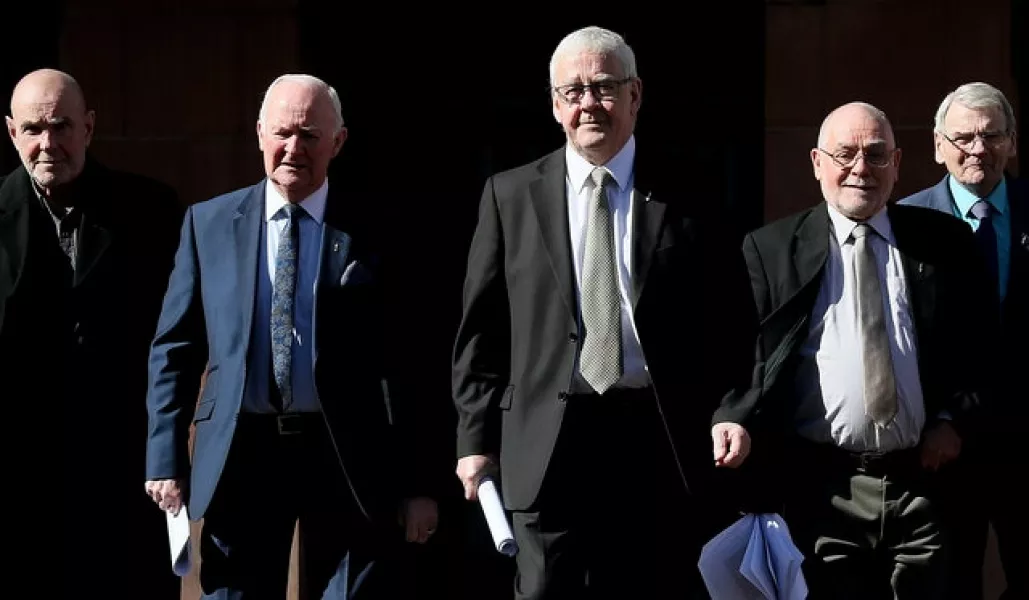 Five of the ‘hooded men’. Photo: Brian Lawless/PA
