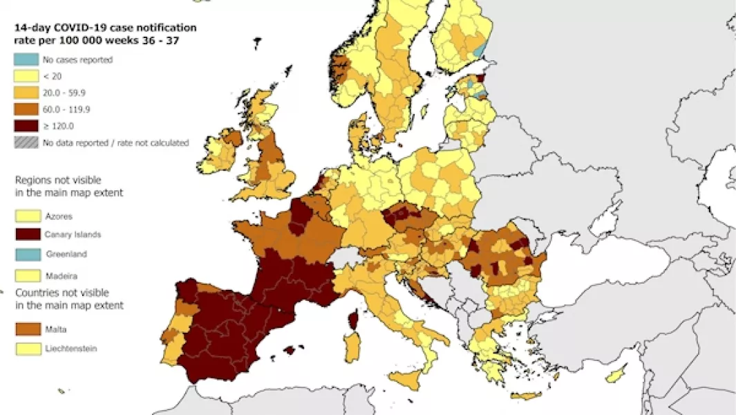 Map of Europe based on 14-incidence rate of cases per 100,000 by region. Source: ECDC