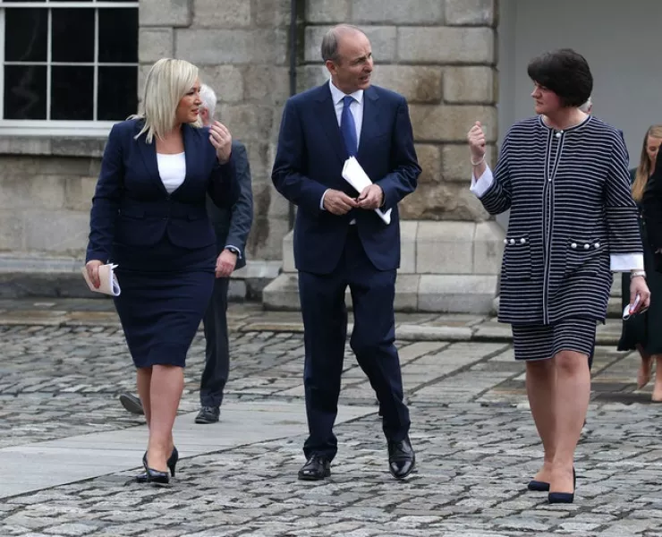 Michelle O’Neill, Taoiseach Micheal Martin and First Minister Arlene Foster attending the  North South Ministerial Council meeting in Dublin in July (Damien Eagers/PA)