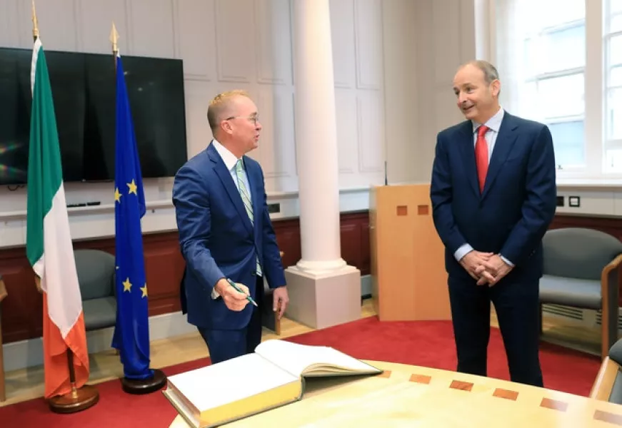Taoiseach Micheal Martin greeting United States Special Envoy for Northern Ireland Michael Mulvaney at Government Buildings (Julien Behal/PA)