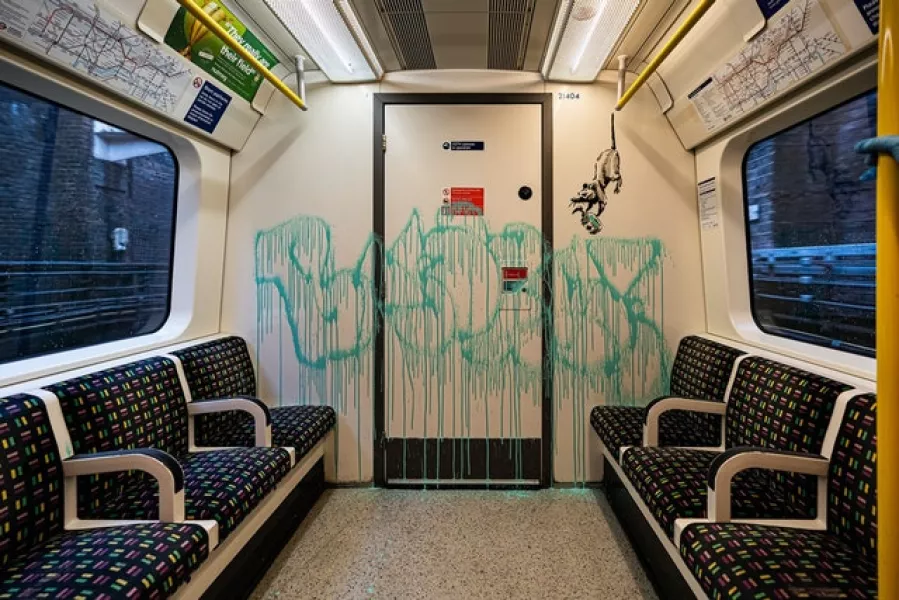 Banksy’s latest work on the inside of a London Underground carriage about the spread of coronavirus (@banksy)