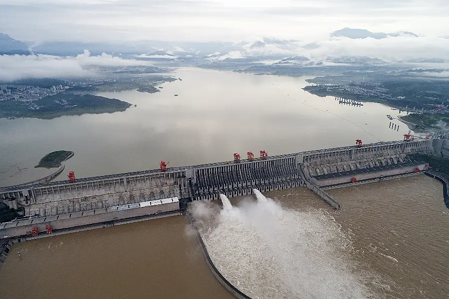 Water flows out from sluiceways at the Three Gorges Dam on the Yangtze River near Yichang in central China’s Hubei province (Wang Gang/Xinhua via AP)